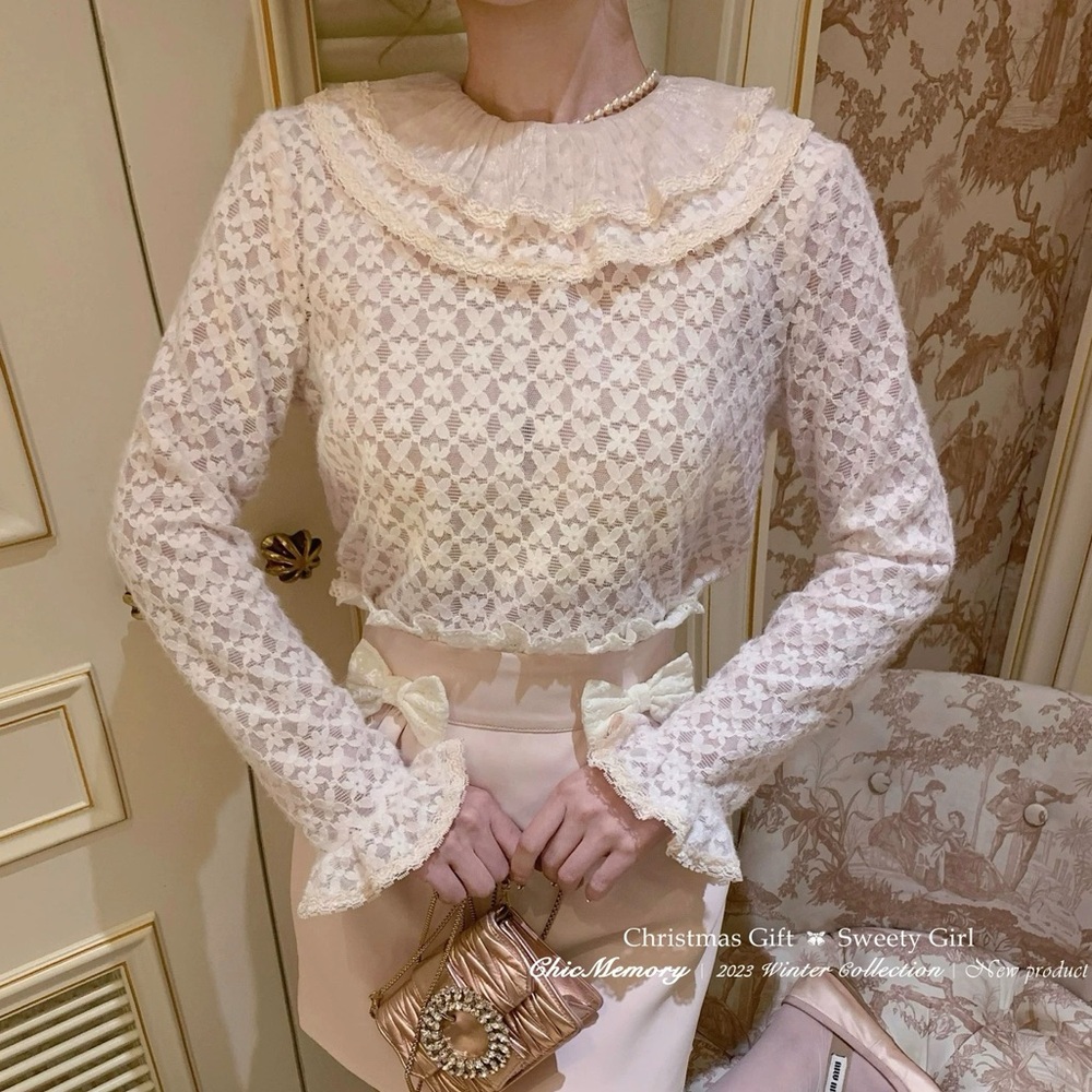 Japanese Kawaii Cream Pink Floral Lace Ruffle Elegant Lace Blouse Top